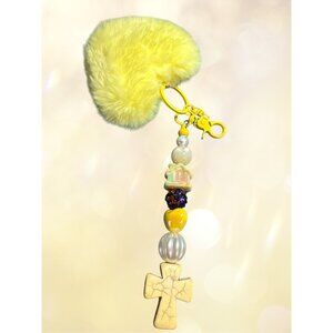 Yellow Plush Heart Keychain With Beaded Cross Charm And Faux Pearl Accents